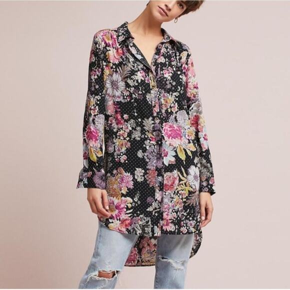 Anthropologie Maeve Autumnal Floral High-Low Button Front Tunic Top Size Medium - Picture 1 of 9